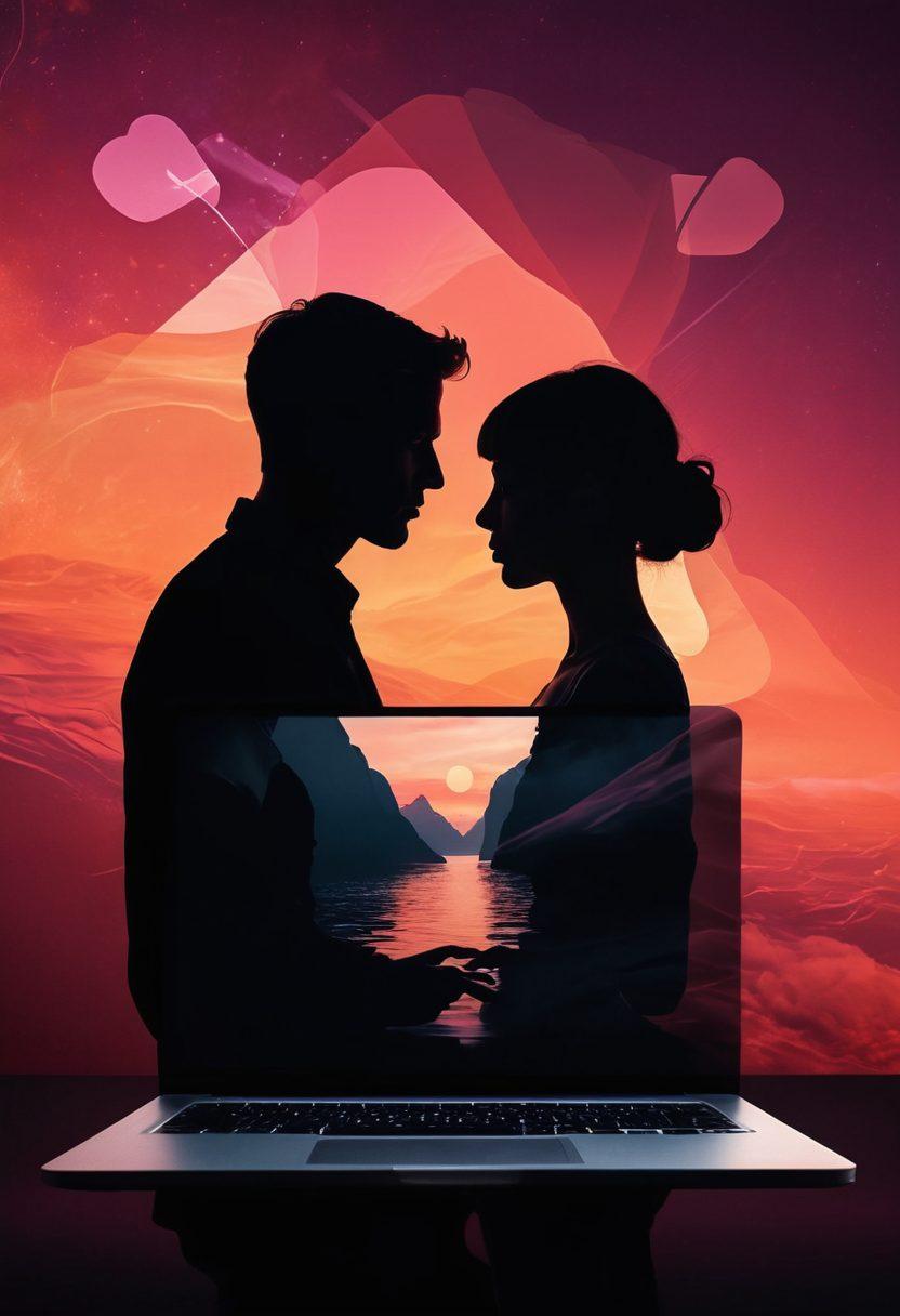 A mesmerizing digital collage featuring symbols of adult streaming such as a modern laptop, alluring abstract shapes, and subtle silhouettes of diverse couples, set against a moody and atmospheric backdrop. Incorporate soft lighting and dynamic colors that evoke sensuality and intrigue, enhanced by hints of technology. surreal artwork. bold colors. intimate atmosphere.