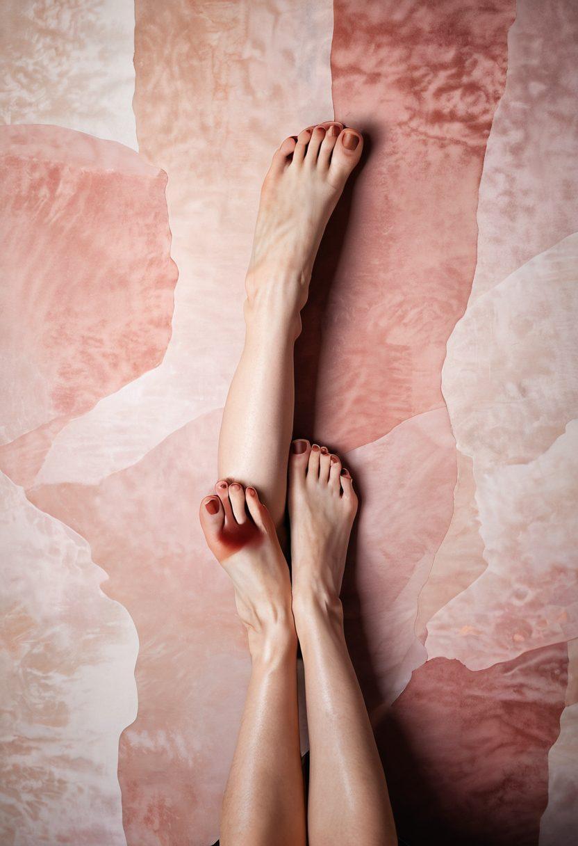 A captivating collage depicting the allure of intimate visuals, featuring a pair of elegantly manicured feet resting on a plush velvet surface, soft lighting creating a warm glow. In the background, subtle hints of alluring abstract shapes dance, inviting the viewer to explore deeper. The overall composition exudes sensuality and intrigue while balancing elegance and tastefulness. super-realistic. warm color palette. soft focus.